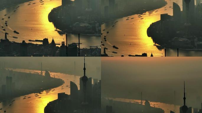 上海日出城市天际线航拍夏季雾霾上海黄浦江