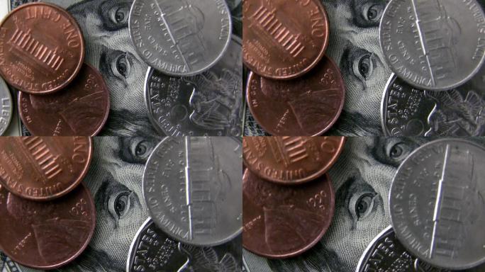 桌子上有美元和美分。