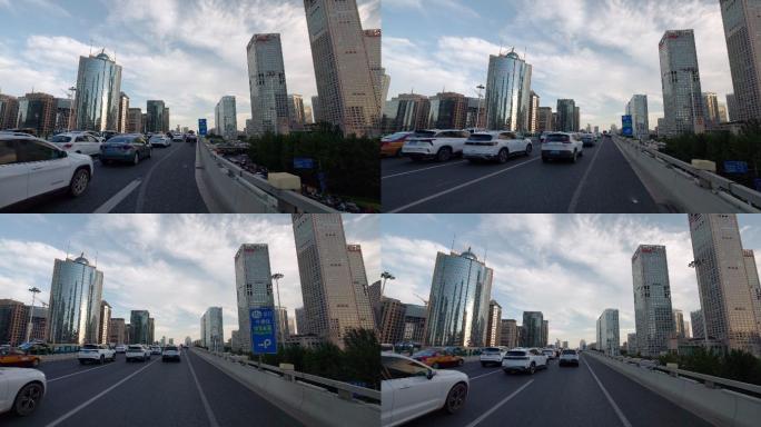 开车行驶在北京国贸 CBD 堵车