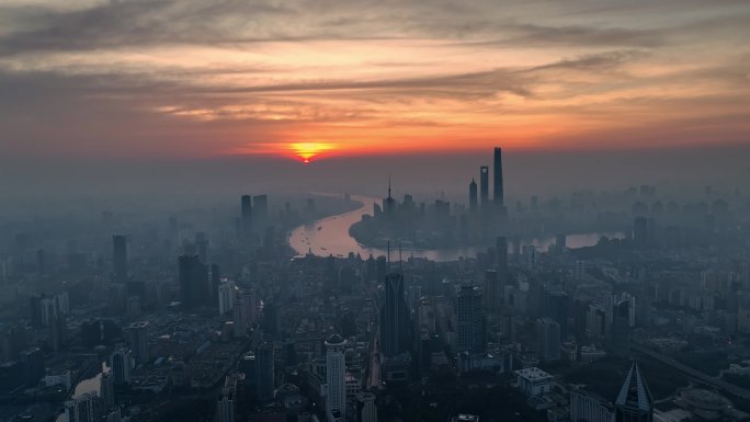 上海日出城市天际线航拍夏季雾霾延安高架