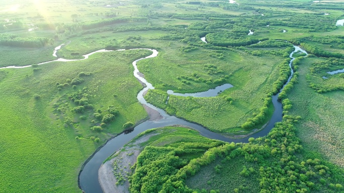 航拍湿地河湾风景