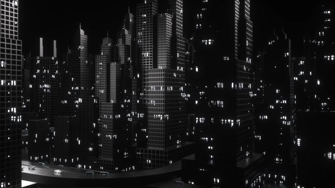 现代城市市区办公大楼夜晚航拍C4D动画