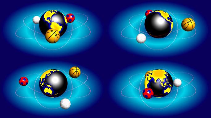 运动、足球、篮球和高尔夫球围绕地球旋转