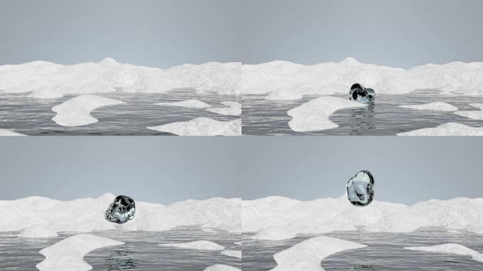 冰山雪水中升起黑色魔幻异形球创意C4D