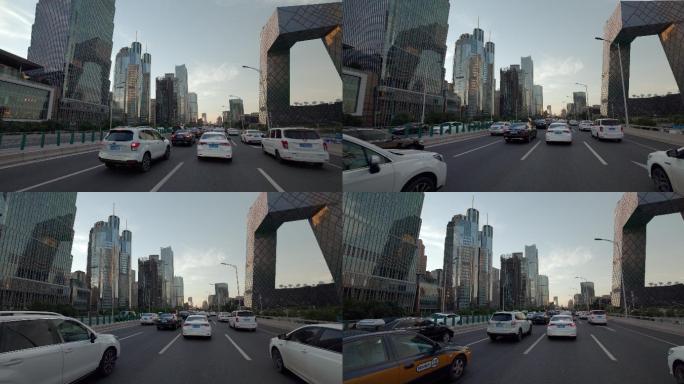 开车行驶在北京国贸 CBD 堵车