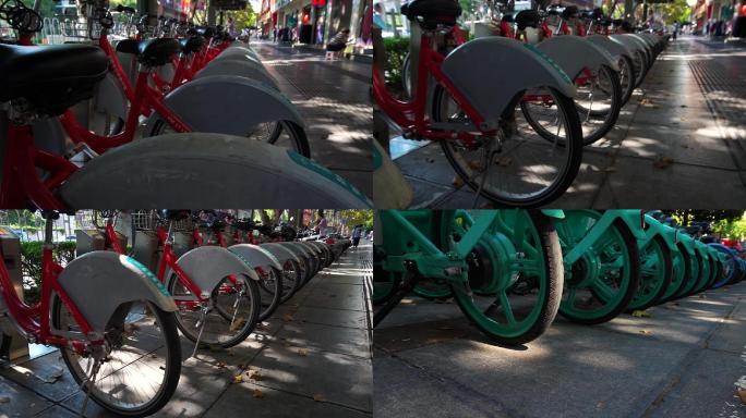 昆明城市街道摆放整齐的共享单车