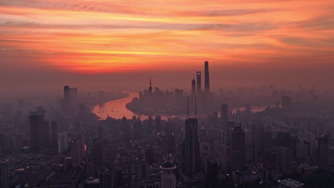 上海日出城市天际线航拍夏季火烧云早晨朝霞