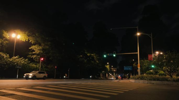 城市深夜 公交路灯 人行道 红绿灯