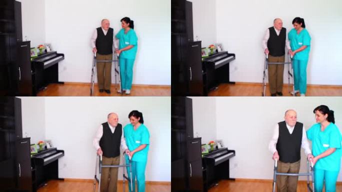 护理人员使用行走架帮助老年人