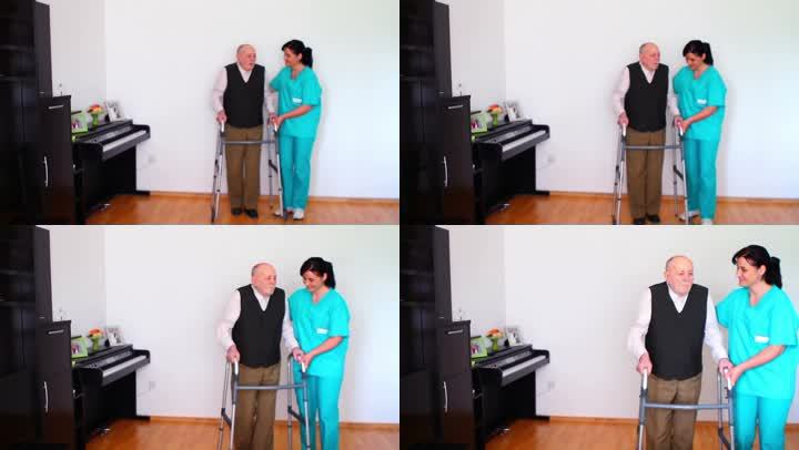 护理人员使用行走架帮助老年人
