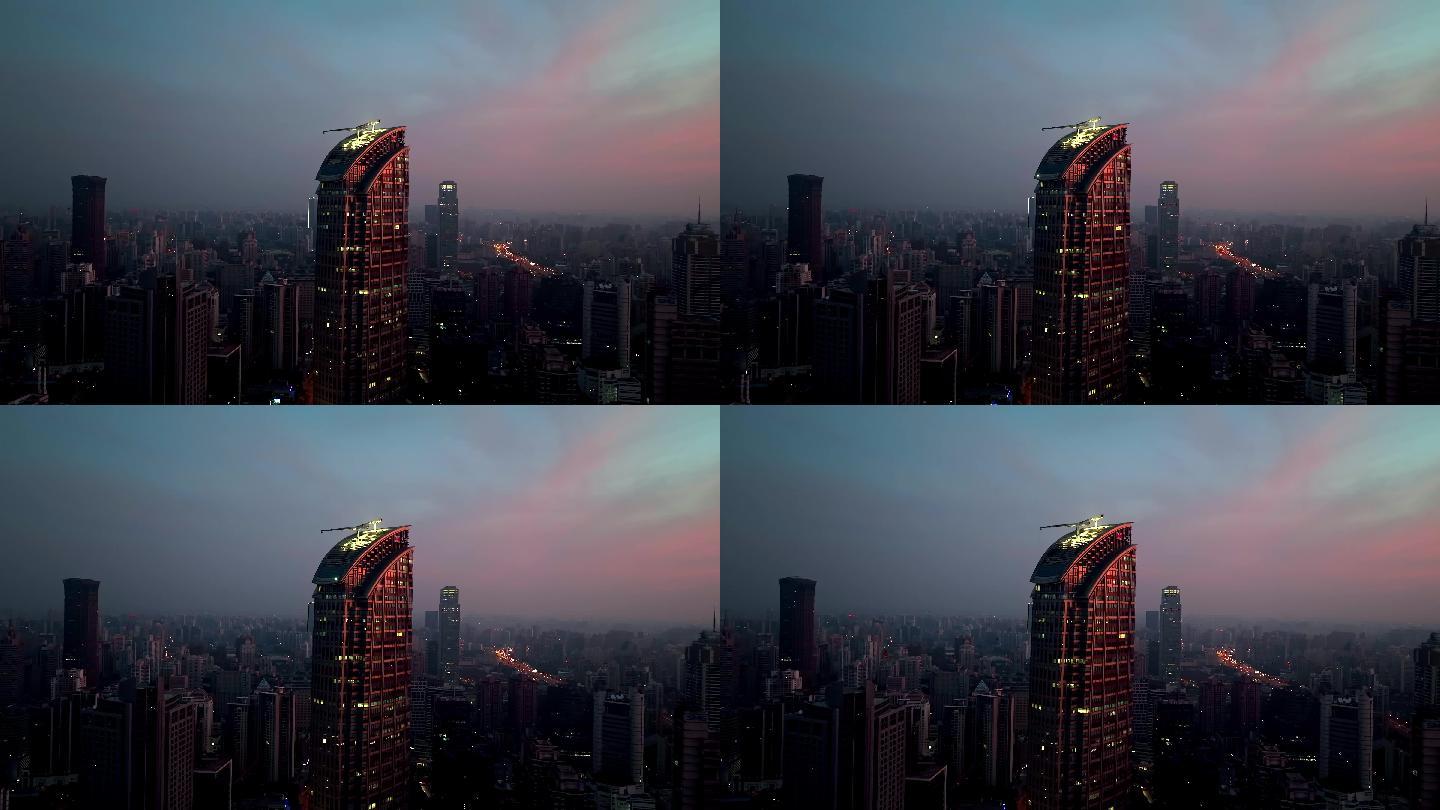 上海日出城市天际线航拍火烧云