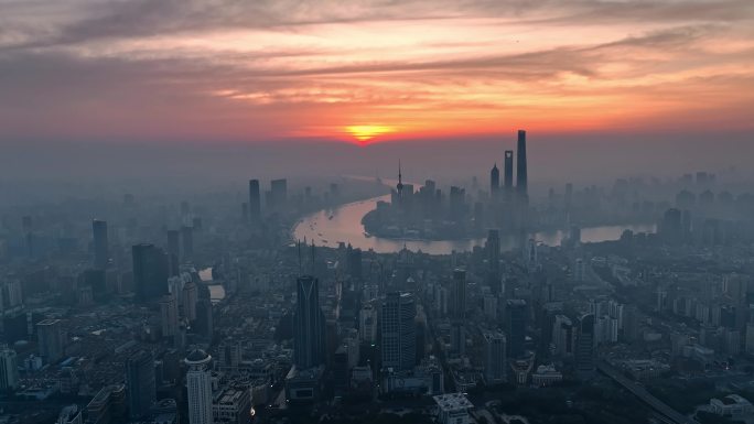 上海日出城市天际线航拍夏季雾霾延安高架