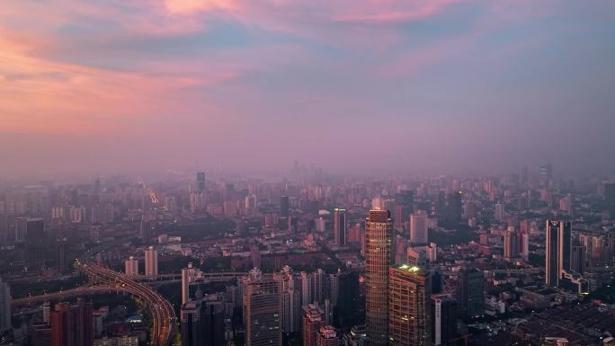 上海日出城市天际线航拍延安高架火烧云