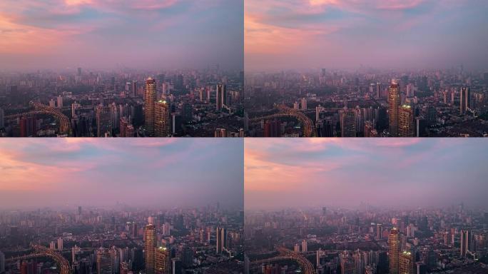 上海日出城市天际线航拍延安高架火烧云