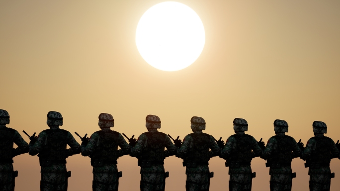 八一建军节解放军武警战士迎接日出剪影