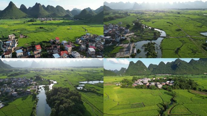 航拍大地村庄小路小河乡村农业田园稻田风景