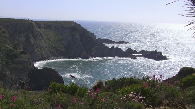 眺望大海，高耸的悬崖——一湾五颜六色的鲜花草甸；葡萄牙阿尔加维海岸海中的岩石；太阳在水中闪闪发光，天