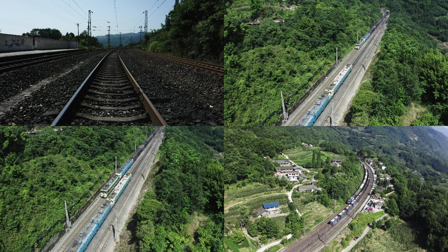 4k航拍-成昆铁路:绿皮火车:货运火车