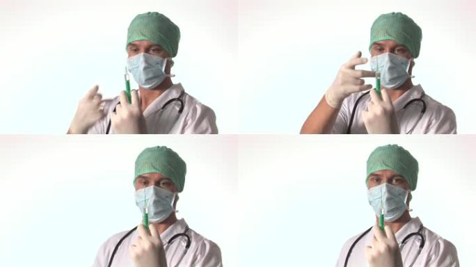 医生拿着一支抽出的针剂，从针头中挤出液体，然后敲击注射器。