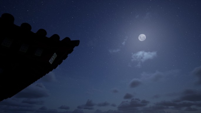 房脊 夜晚 月光 云