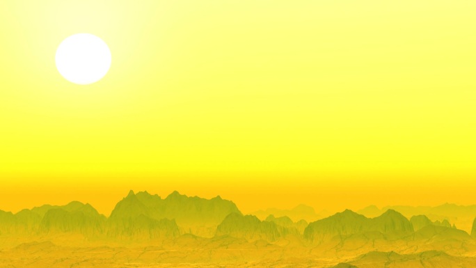低矮的岩石和整个沙漠表面覆盖着厚厚的黄雾。在天空中，白色灼热的太阳。摄像机快速飞越表面，靠近太阳。