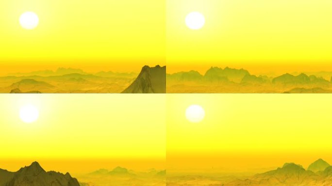 低矮的岩石和整个沙漠表面覆盖着厚厚的黄雾。在天空中，白色灼热的太阳。摄像机快速飞越表面，靠近太阳。