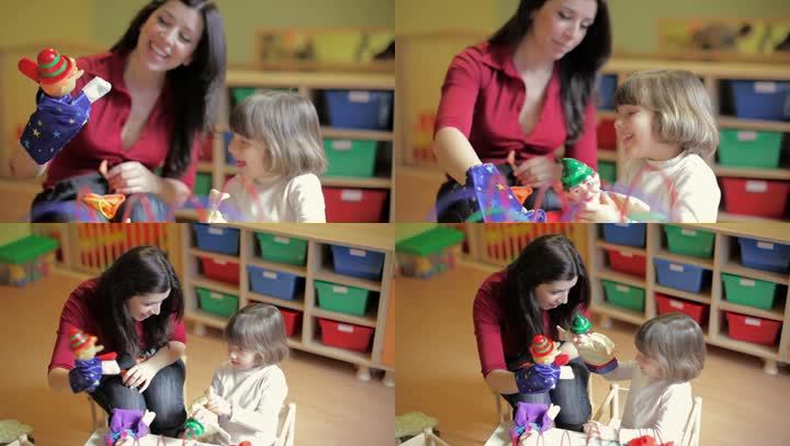 多张2-3岁女孩和她的老师在幼儿园玩木偶的照片。