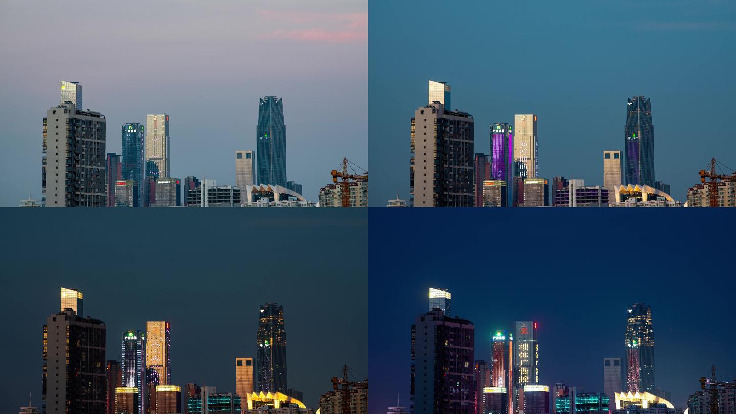 中国广西南宁的商务区高楼大厦傍晚天黑延时