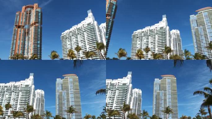 前景为棕榈树的摩天大楼的水平平移