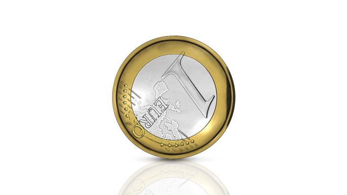 背景为镜子图案和硬币柱的欧元硬币