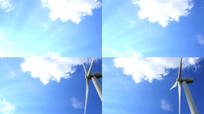 风机前面的蓝天是白色的吗？还有云。从左向右摆动。