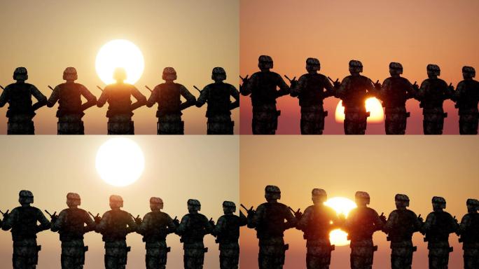 八一建军节解放军武警战士迎接日出剪影
