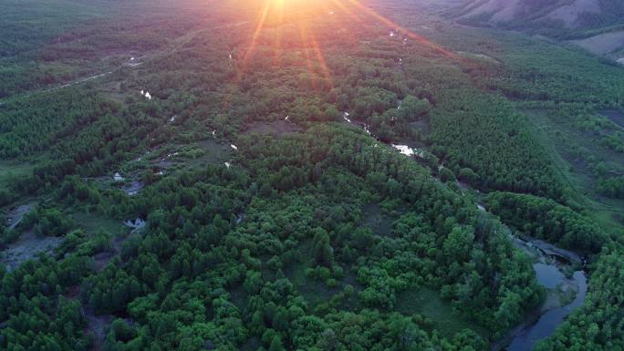 航拍大兴安岭冻土森林溪流夕照