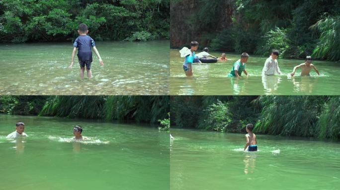 夏天在小河里游泳玩水的小孩子
