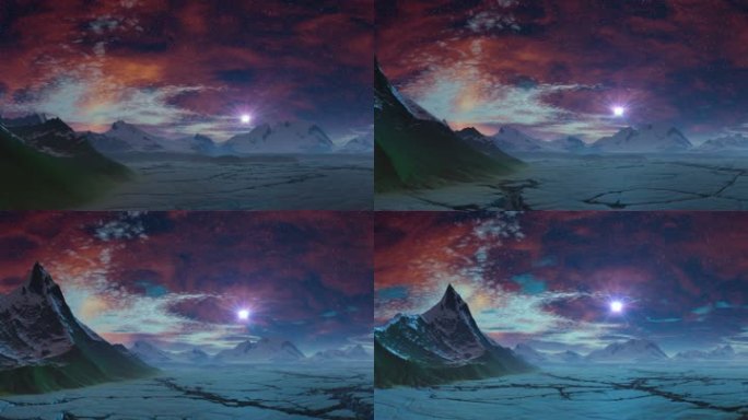夜冰雪覆盖的高山被冰雪覆盖。在黑暗的天空中，红色气体星云改变了形状。从地平线上升起，明亮的发光物体（