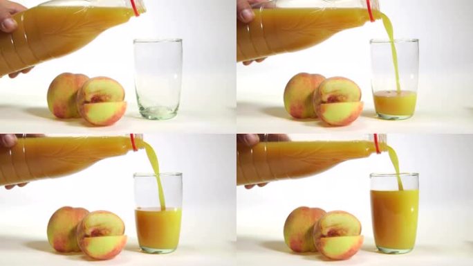 桃子汁从瓶子里倒进杯子里