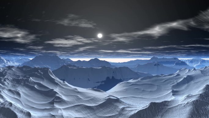 月亮照耀，云朵映衬着白雪覆盖的群山