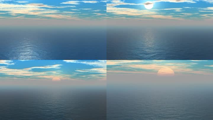 海平静的水面。地平线上有浓雾。蓝天上白云飘浮。明亮的太阳沉入雾中，半掩半掩。摄像机正在快速接近太阳，