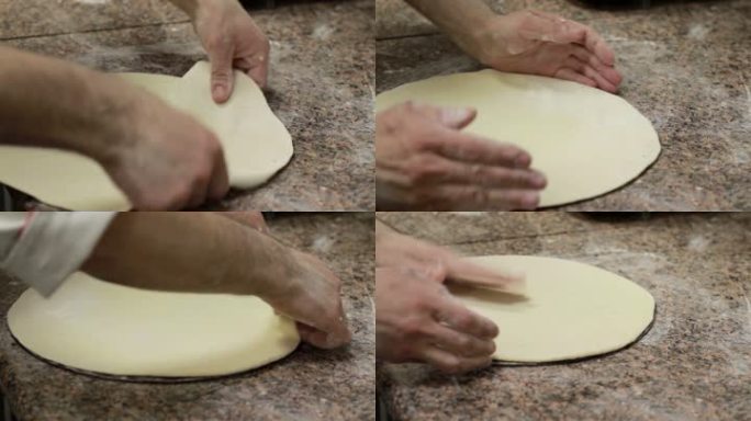 特写厨师手工制作披萨面团。
