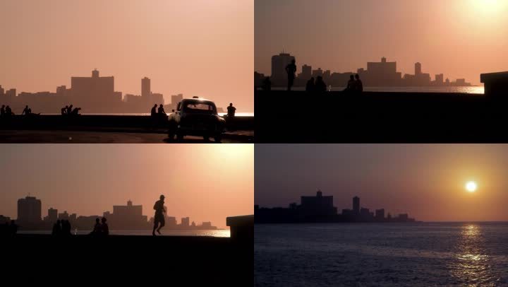 日落时，古巴拉哈瓦那的天际线，街道上有老式汽车，人们坐在马利孔大道上，远眺大海。序列