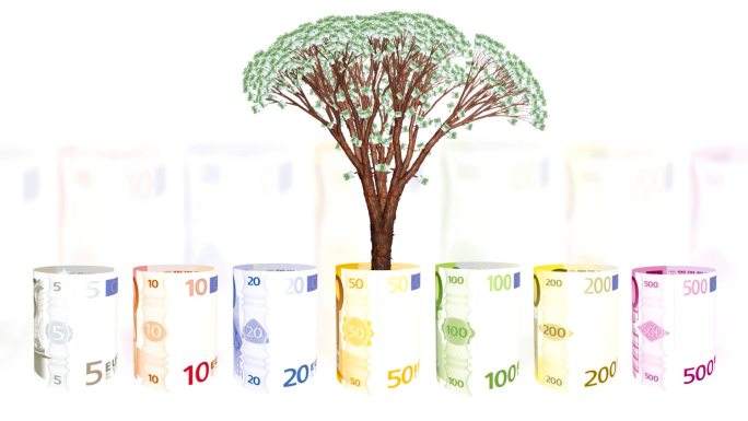 欧元货币旋转和欧元树生长，金融概念