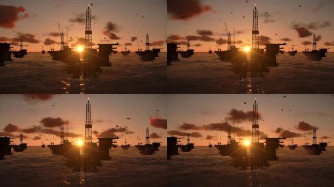海洋中的石油钻塔，永恒的日落