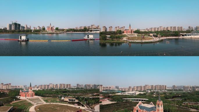 湿地公园湖畔教堂航拍