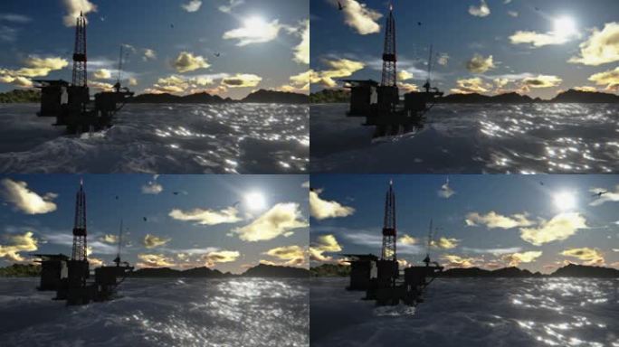 海洋中的石油钻塔，海鸥飞翔，永恒的云