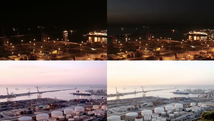 游轮的游客抵达港口很早在早上。港口上出现的时间省略。日出在工业港口地区。进出口货物在港口的运输。