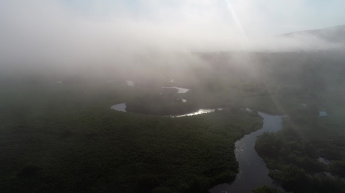 航拍晨雾迷漫的湿地曲水