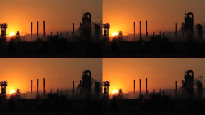 落日黑影中的工业厂房