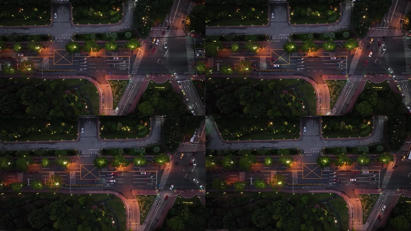 航拍城市上空车流绿化夜景交通