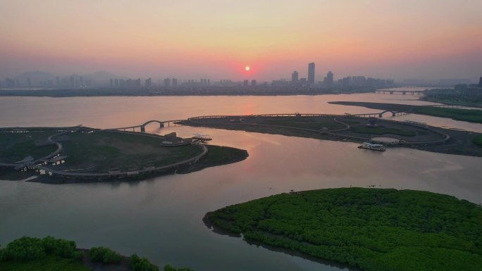 航拍厦门下潭尾湿地公园日落