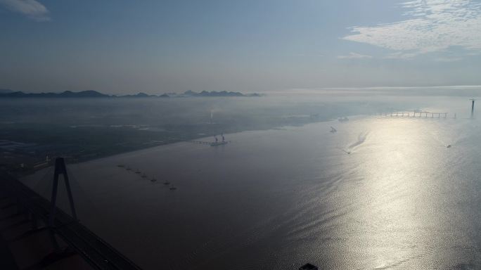 台州椒江二桥清晨夕阳剪影航拍